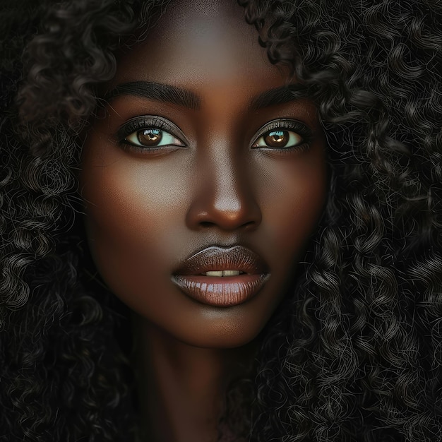 Фото Портрет красивой молодой женщины с коричневой кожей и длинными кудрявыми черными волосами