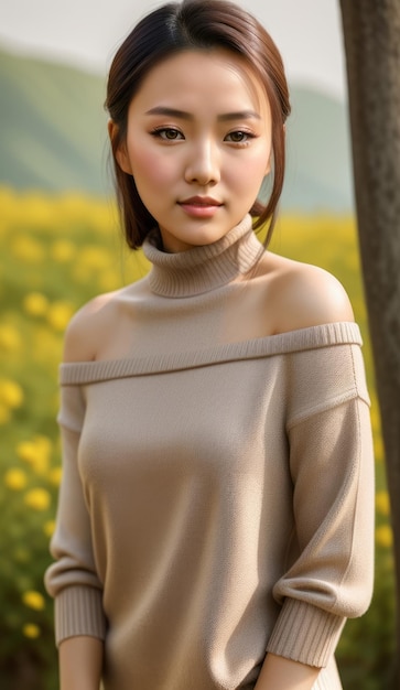사진 꽃 인쇄 타울 스웨터를 입은 아름다운 젊은 중국 여성의 초상화