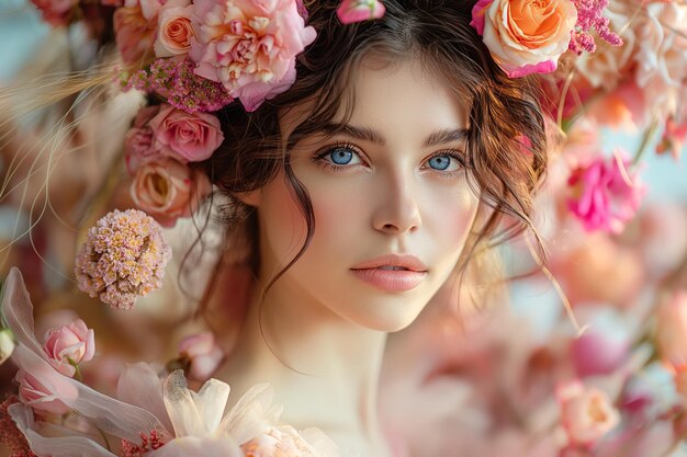 写真 頭の上にピンクの花束を飾った美しい若い女の子の花嫁の肖像画