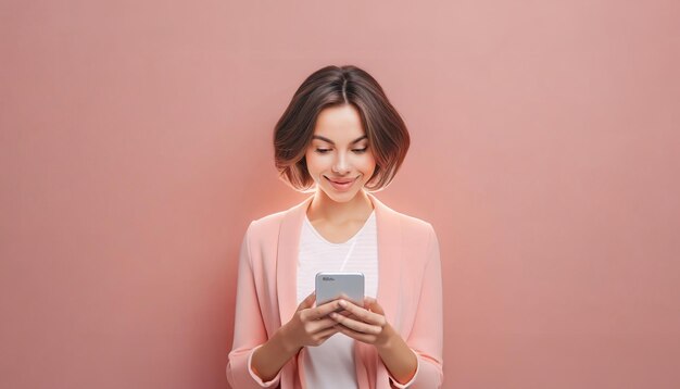 写真 ピンクの背景に携帯電話を使っている美しい若い女性の肖像画