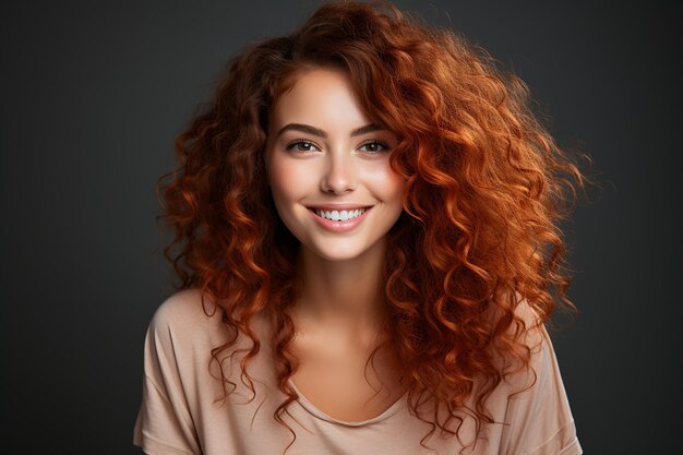 Фото Портрет красивой молодой женщины с длинными кудрявыми рыжими волосами.