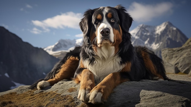 写真 ベルネスの山犬の肖像画山の中の野外