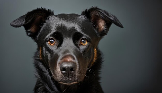 Фото Портрет черной домашней собаки на сером фоне концепция прав животных, усыновляющая бездомную собаку c