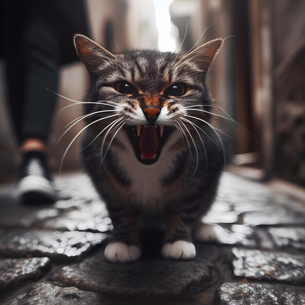 Фото Портрет кошки с открытым ртом в старом городе
