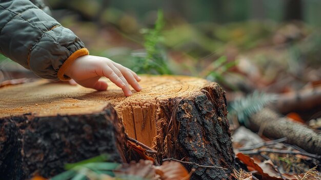 写真 子供の手を古い木の幹の上に置いてテキストや製品の大きなぼんやりした背景を描いた写真 生成ai