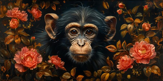 Фото Портрет обезьяны-шимпанзе, цифровая иллюстрация в стиле акварели
