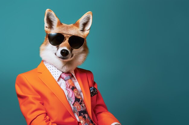Фото Портрет крутой и смешной лисы в оранжевом костюме и солнцезащитных очках антропоморфный животный персонаж