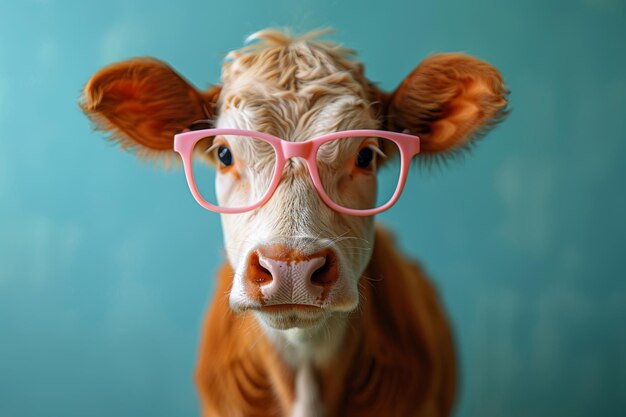Фото Портрет коровы с очками на синем фоне