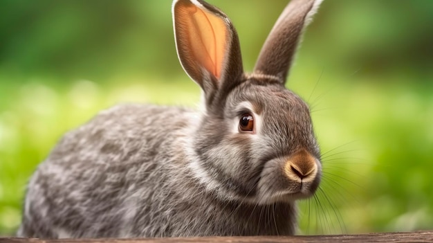 Фото Портрет милого пушистого серого кролика с ушами на натуральном зеленом фоне