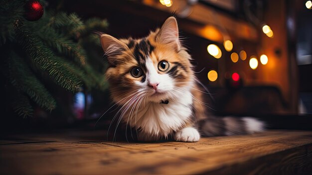사진 크리스마스 트리 와 장식물 배경 에 있는 카메라 를 바라보는 귀여운 새끼 고양이 의 초상화