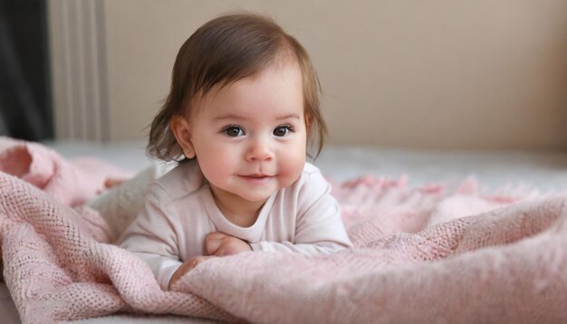 写真 ベッドに座って笑顔で幸せな可愛い小さな赤ちゃんの肖像画