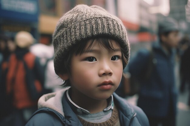 사진 거리에서 모자를 입은 귀여운 작은 소년의 초상화