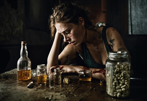 사진 어두운 방에서 마약 중독자 여성의 초상화 마약 남용 개념