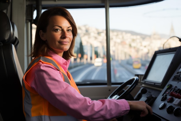 Фото Портрет женщины-водителя автобуса в униформе с улыбкой