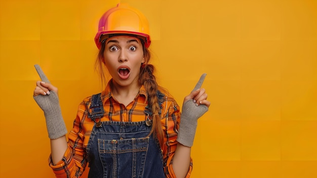 Фото Портрет шокированной женщины-инженера, указывающей на что-то рукой на желтом фоне с пространством для текста
