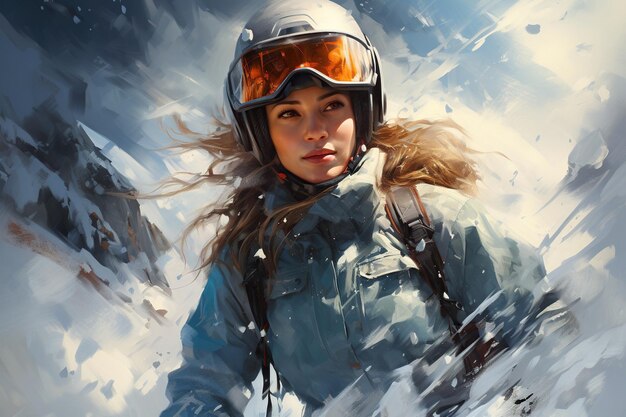 사진 겨울 산에서 헬멧과 안경을 쓴 여성 스키어 스노보더의 초상화