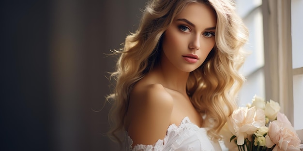 写真 美しい髪と純粋で繊細な肌を持つ、長い白いドレスを着た女の子の肖像画