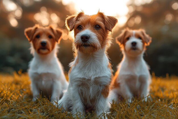 写真 緑の芝生で夏にジャックラッセル犬のグループの肖像画