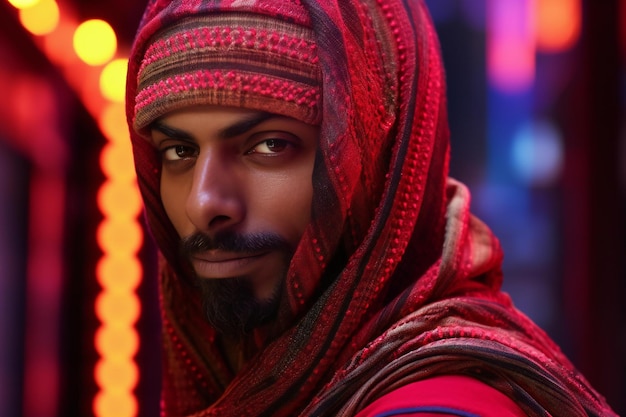 写真 赤いスカーフをかぶったハンサムなアラブ人の肖像画