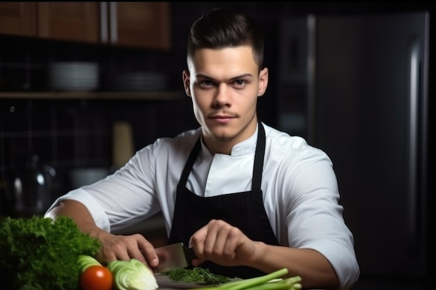 写真 portrait of a handsome man chopping vegetables in his kitchen created with generative ai