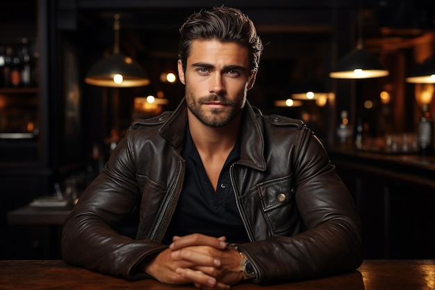 Фото Портрет красивого мужчины в кожаный куртке, сидящего в баре