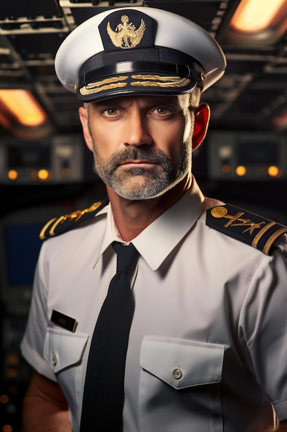 写真 スタジアムで撮影されたユニフォームを着たハンサムなパイロットの肖像画