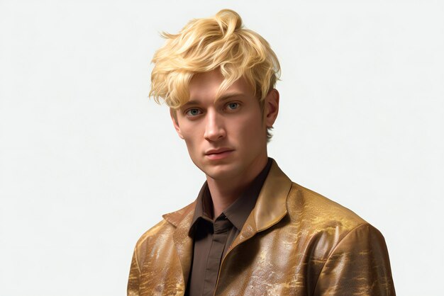 Фото Портрет красивого молодого человека со светлыми волосами в золотой куртке на белом фоне