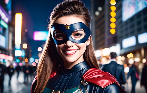 写真 スーパーヒーローの衣装を着てマスクをかぶったハンサムな若い女性の肖像画
