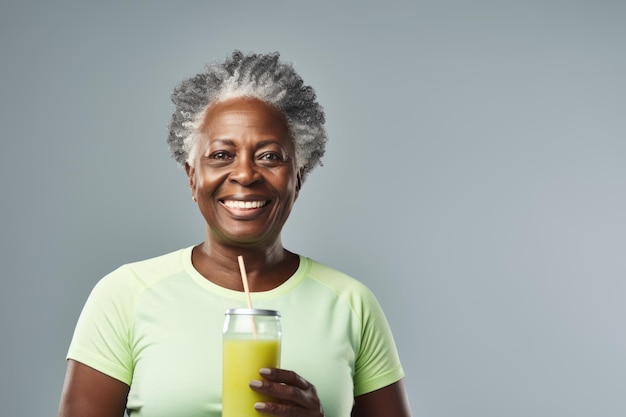 写真 スムージーを飲んでいる幸せなアフリカの高齢女性の肖像画