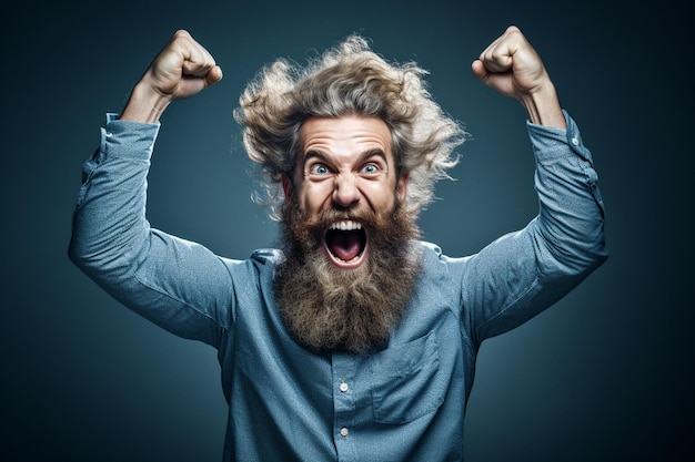 写真 portrait of a happy bearded man celebrating success