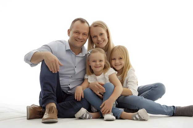 Foto portrait of a happy family in white tshirts on a gray background