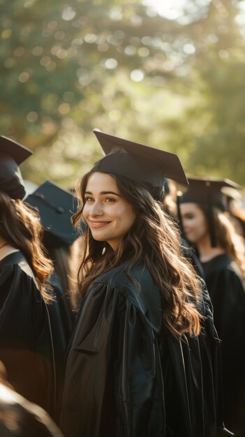 Фото Портрет счастливого выпускника в шляпе и платье, окруженного сверстниками, излучающими радость и достижения.