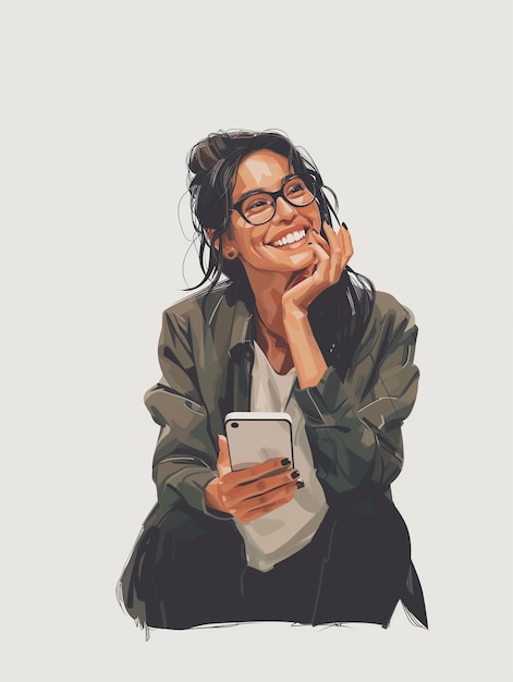 Фото Портрет счастливой молодой женщины с мобильным телефоном