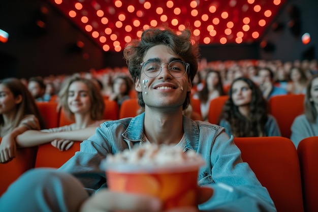 Фото Портрет человека, отдыхающего в кинотеатре с попкорном в очках генеративный ии