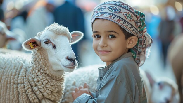 사진 eid al-adha를 위해 동물 박람회를 방문하는 아이의 초상화, 텍스트 또는 제품에 대한 큰 공간과 함께 한 양의 배경으로 생성 ai