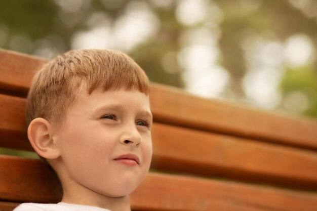 写真 公園のベンチに座っている小さな男の子の肖像画