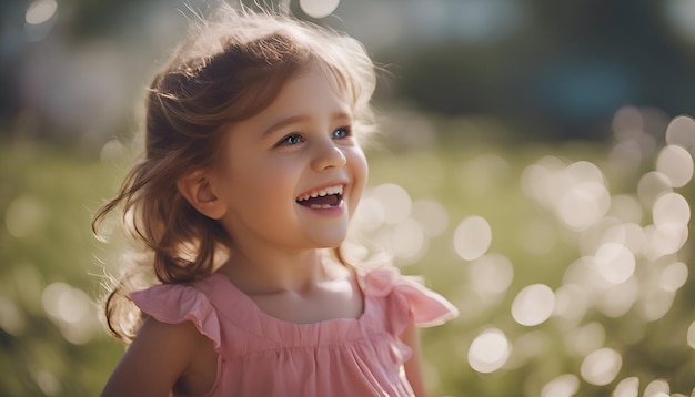 写真 太陽の背景にピンクのドレスを着た小さな女の子の肖像画