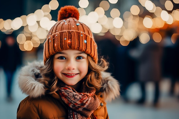 写真 冬のクリスマスのライトの背景に冬の服を着た小さな女の子の肖像画