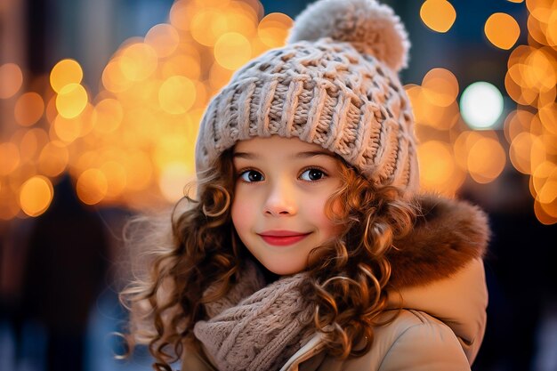 写真 冬のクリスマスのライトの背景に冬の服を着た小さな女の子の肖像画