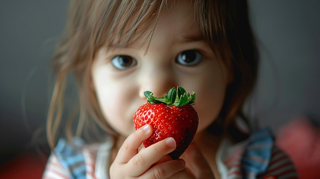 사진 portrait of a little girl showing a beautiful and delicious strawberry