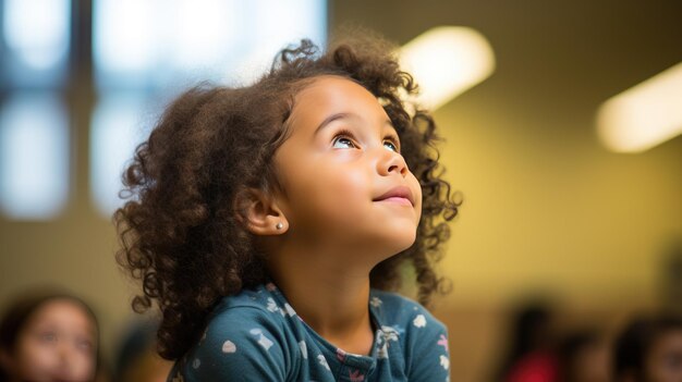 写真 学校の部屋の背景にある小さな女の子の肖像画