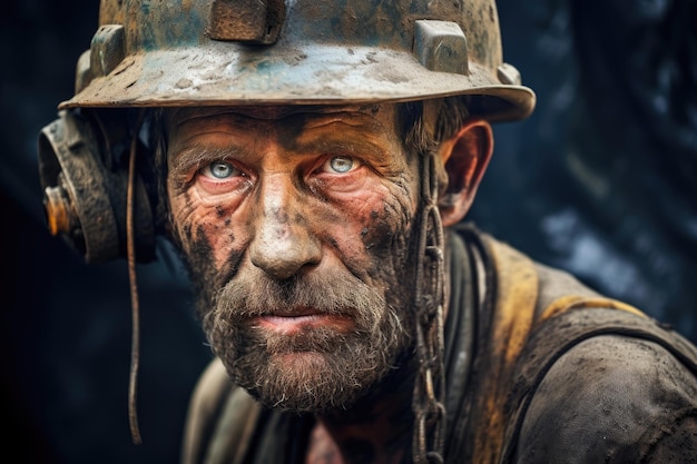 写真 カメラを見つめる ⁇ 汚れた顔のヘルメットをかぶった中年疲れた鉱夫の肖像画 ⁇