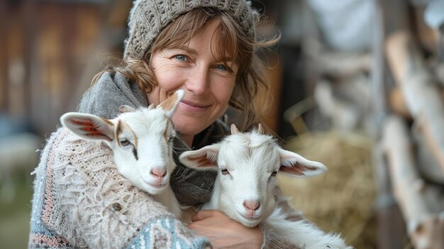 Фото Портрет женщины средних лет, держащей козу на коленях перед своей фермой с размытым фоном и пространством для текста или продукта