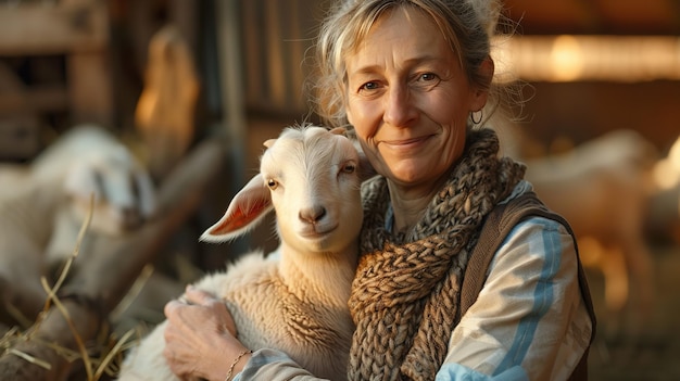 写真 中年女性が羊を膝に抱き農場の前でぼんやりした背景とテキストや製品のためのスペースを用意した肖像画ジェネレーティブai