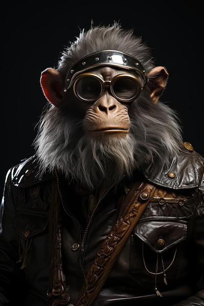 Фото Портрет обезьяны в кожаной куртке и пилотской шляпе