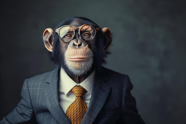 Фото Портрет обезьяны с очками, одетой в элегантный костюм на темном фоне