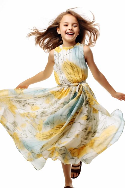 사진 여름 드레스를 입은 긍정적이고 세련된 작은 소녀의 초상화는 바람이 불고 기 ⁇ 합니다.