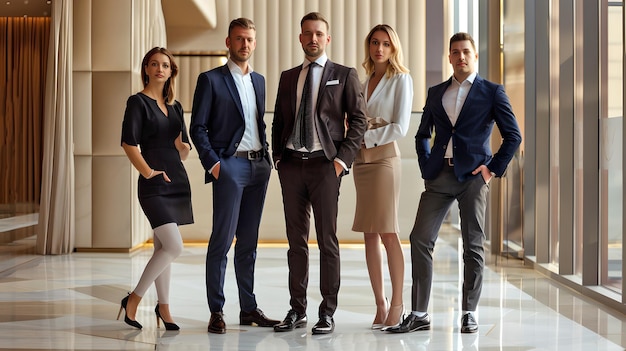 Фото Портрет профессиональной команды, уверенно расположенной в современном офисном пространстве, одетой в деловую одежду, готовой к успеху.