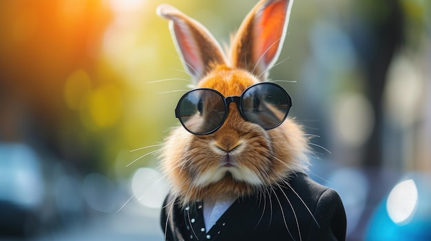 写真 ボケの背景にクラシックな服とサングラスを着たウサギの肖像画ジェネレーティブai画像