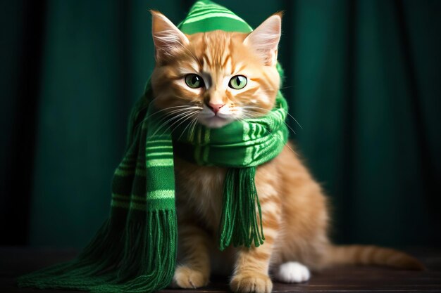 Фото Портрет красной кошки в зеленом шарфе на темном фоне